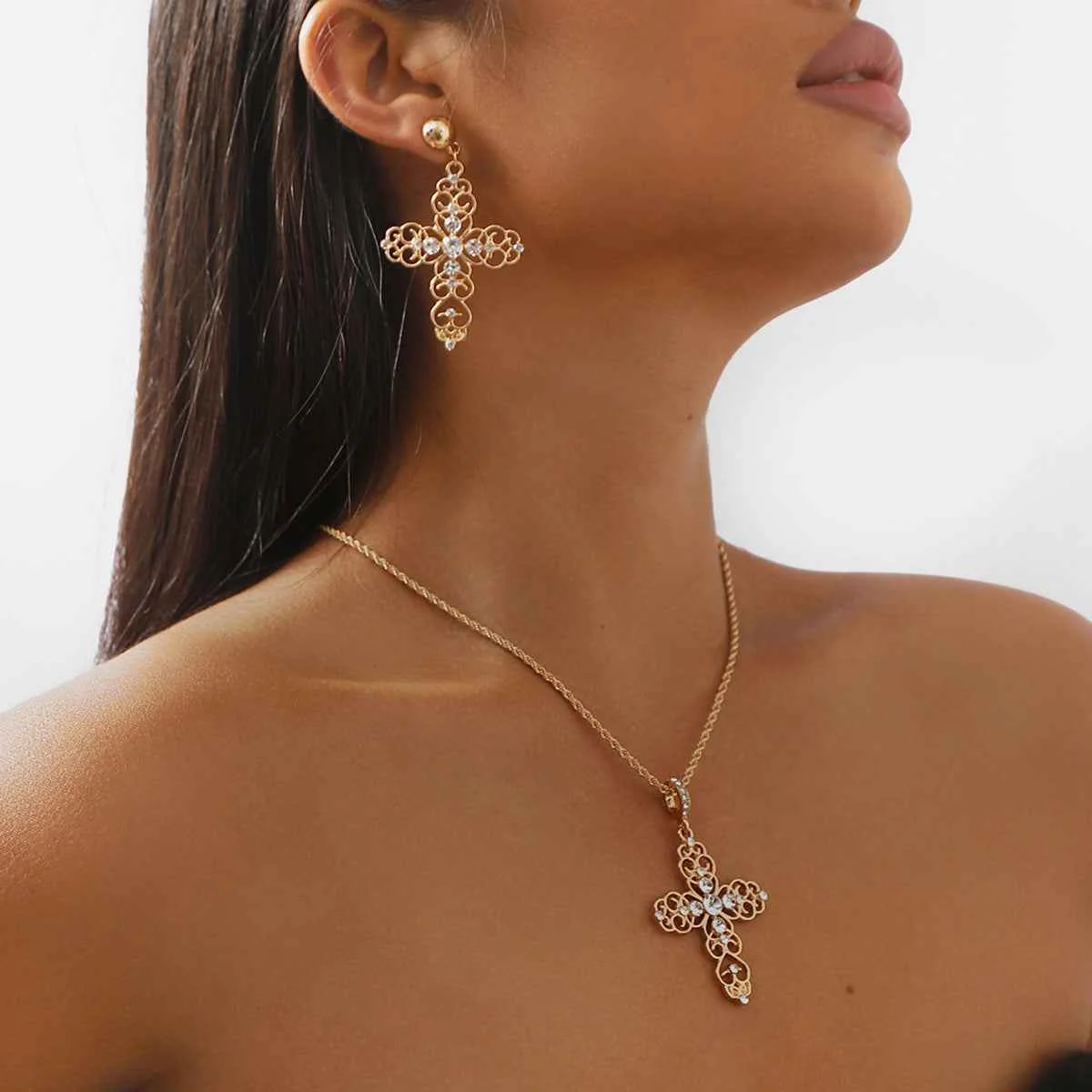 Skeletonized Rhinestone Cross Necklace&Earrings - Woolova