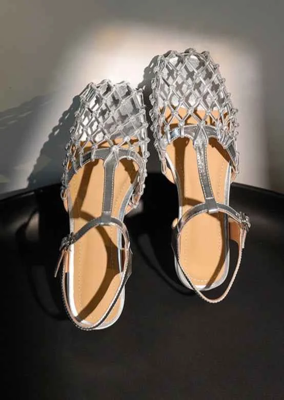 New French Hollow Out Buckle Strap Silver Sandals - Woolova