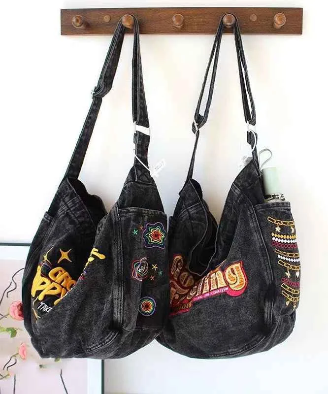 American Embroidered Large Capacity Denim One Shoulder Crossbody Bag - Woolova