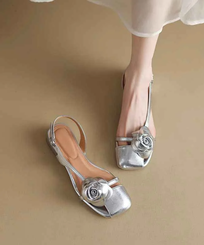 Art Floral Splicing Chunky Sandals Silver Faux Leather Buckle Strap - Woolova
