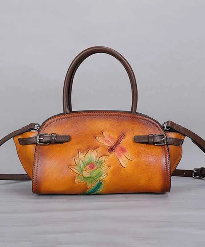 Art Yellow Floral Paitings Calf Leather Messenger Bag - Woolova