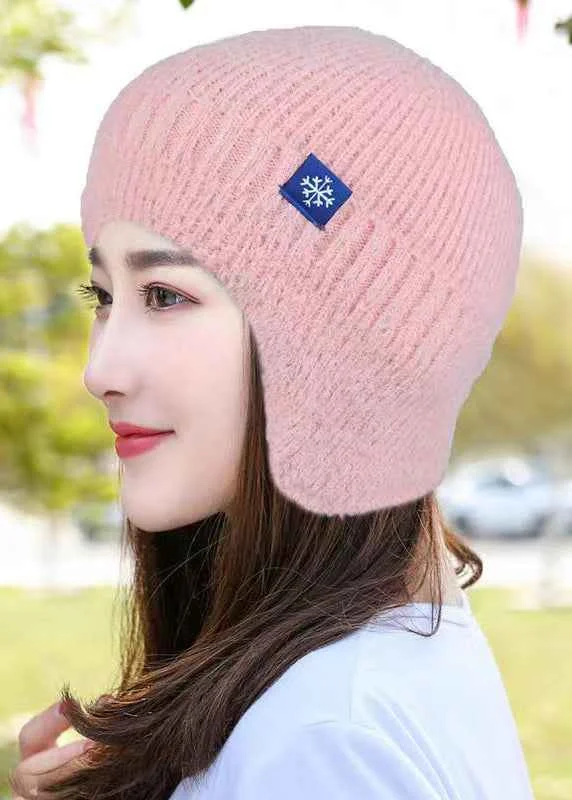 Autumn And Winter Pink Knitted Warm Ear Protection Boonie Hat - Woolova