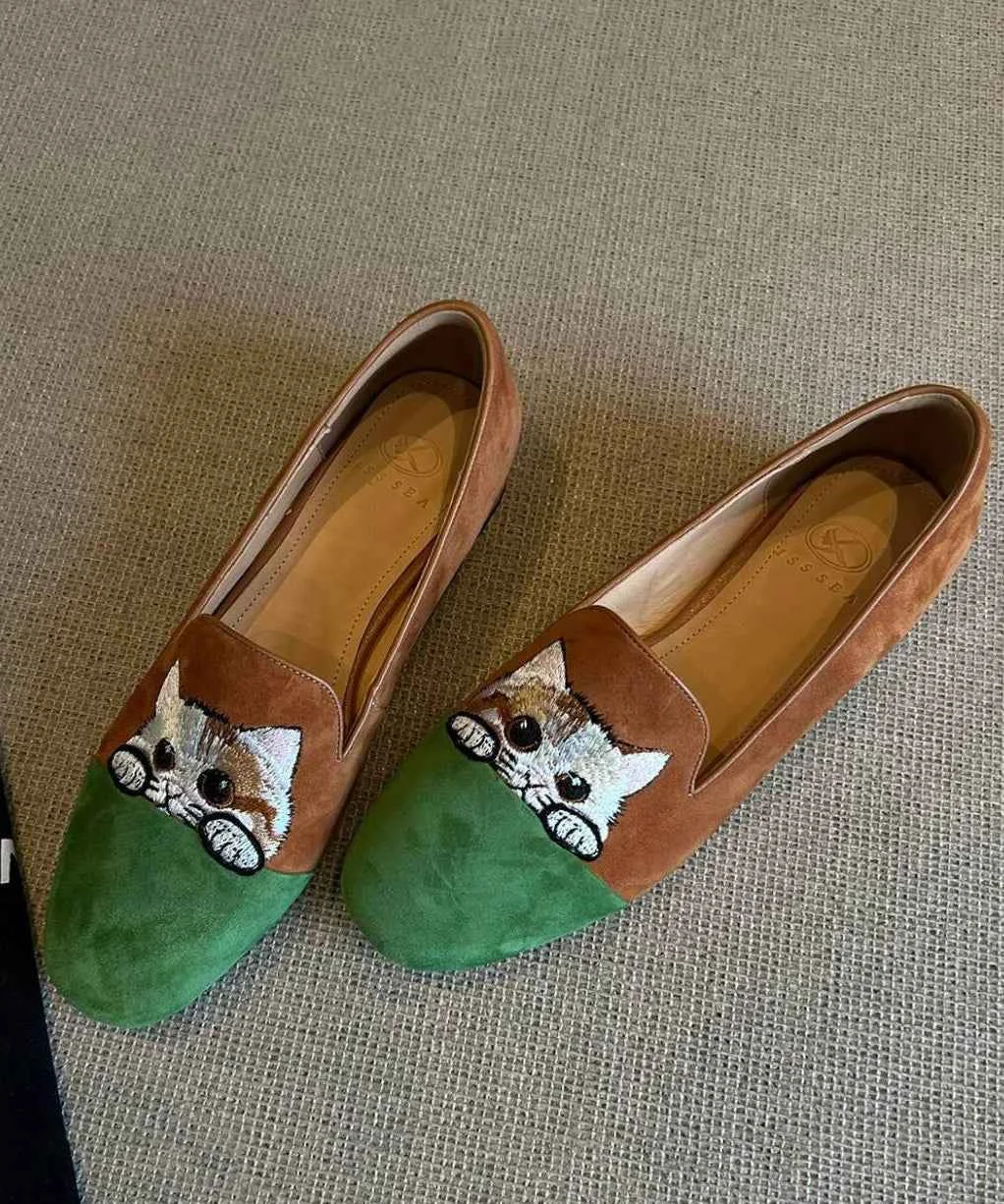 Beautiful Splicing Penny Loafers Brown Suede Embroidered - Woolova