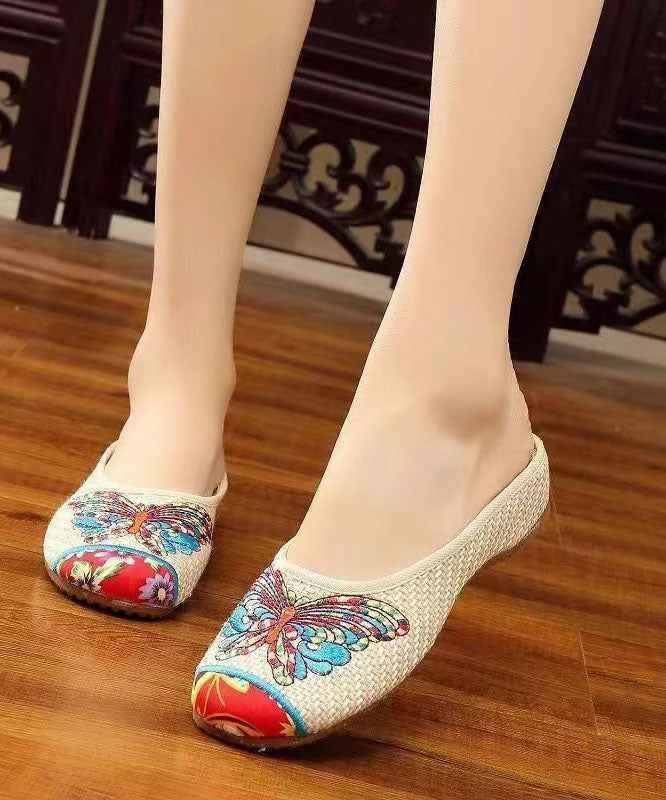 Beige Slide Sandals Linen Fabric Classy Splicing Butterfly Embroideried - Woolova
