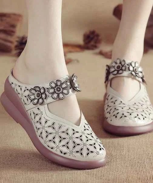 Beige Splicing Cowhide Leather Wedge Slide Sandals Hollow Out Floral - Woolova