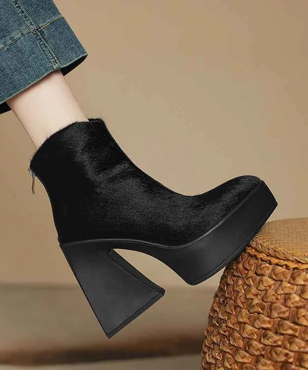 Black Chunky Heel Fashion Zippered Splicing Horsehair Boots - Woolova