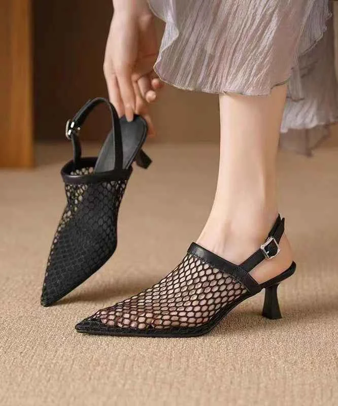 Black Classy High Heel Breathable Mesh Unique Splicing Sandals - Woolova