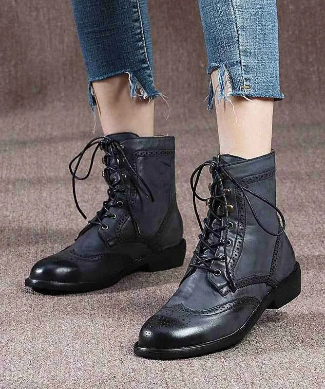 Black Comfy Boots Cowhide Leather Retro Cross Strap Splicing - Woolova
