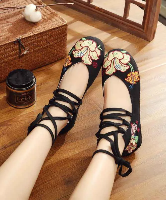 Black Cotton Fabric Embroideried Flats Handmade Cross Strap Flat Feet Shoes - Woolova