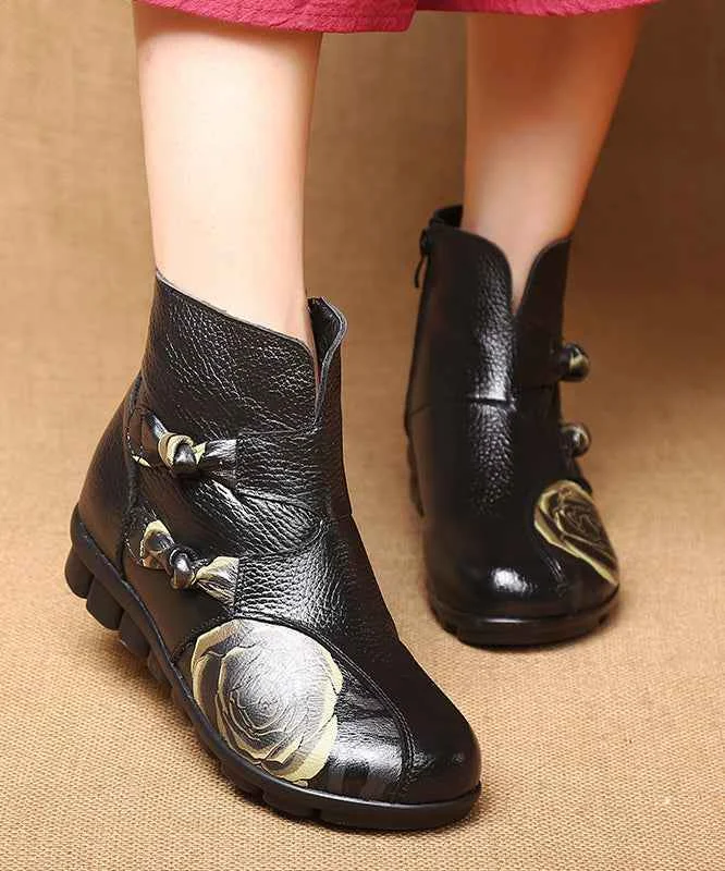 Black Cowhide Leather Boots Handmade Vintage Splicing Embossed - Woolova