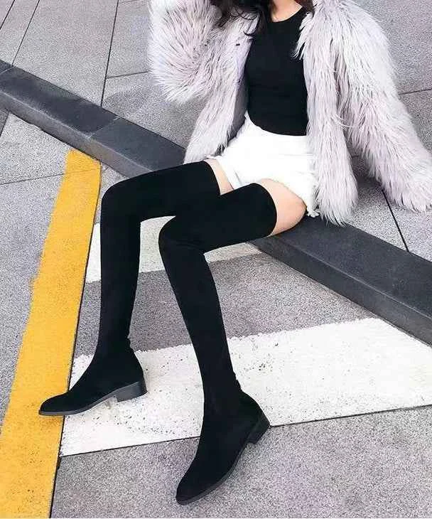 Black Knee Boots Chunky Suede Fashion Versatile - Woolova