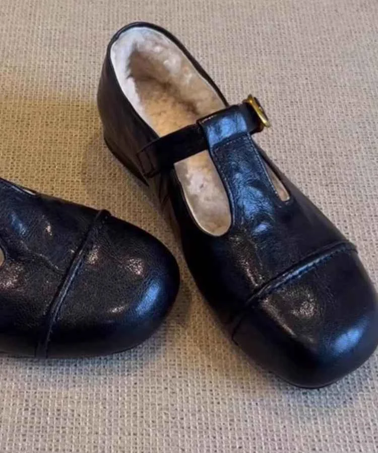 Black Loafers Sheepskin Comfy Splicing Fuzzy Wool Lined - Woolova