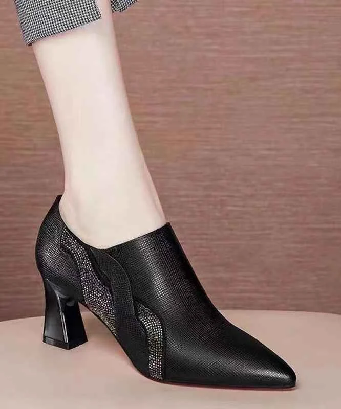 Black Zircon Chic Splicing Versatile Chunky Pointed Toe - Woolova