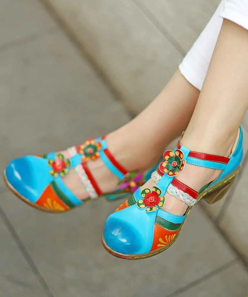Bohemian Blue Hollow Out Floral Splicing Chunky Sandals - Woolova