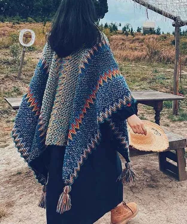 Bohemian Blue Tasseled Print Thick Knit Scarf - Woolova