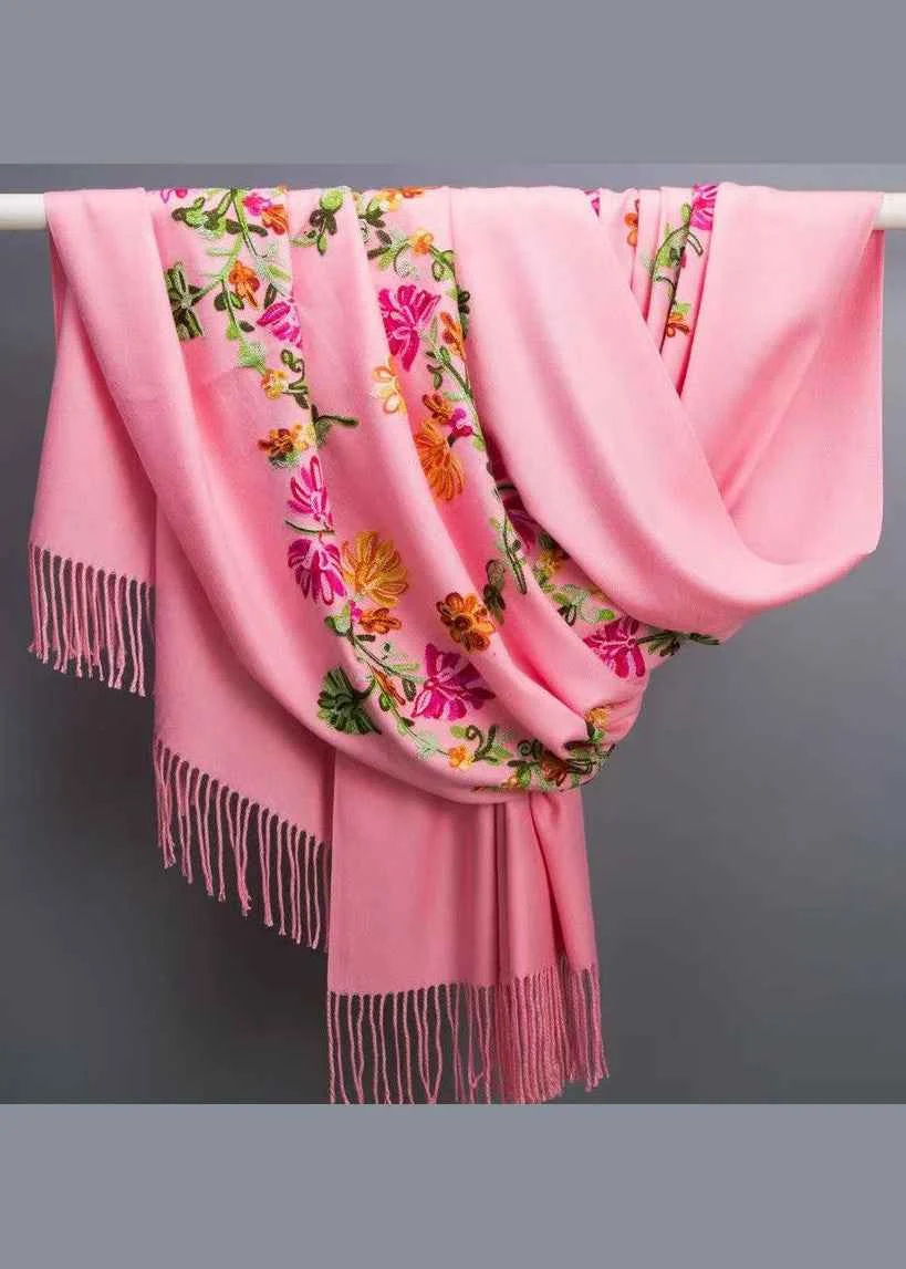 Bohemian Pink Tasseled Embroidered Faux Cashmere Scarf - Woolova