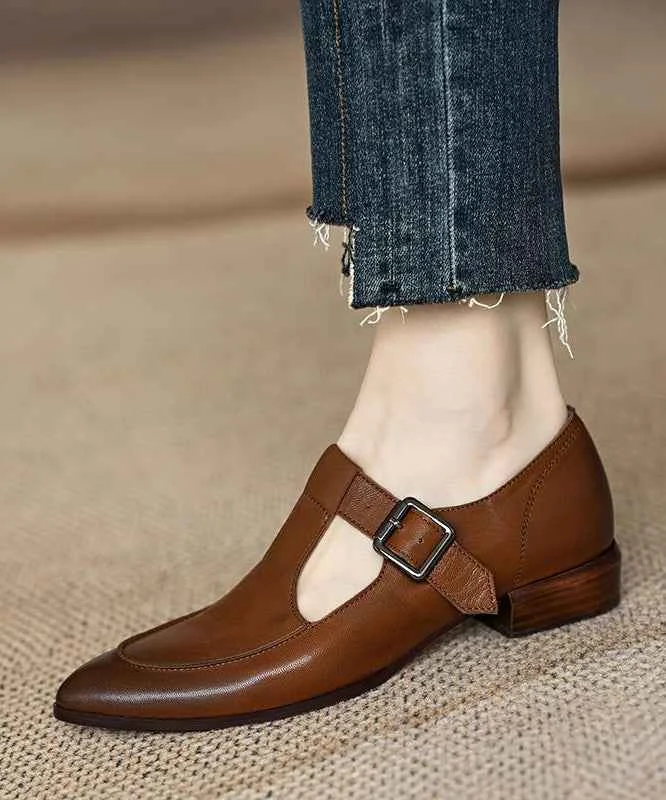 Boho Brown Sheepskin Splicing Buckle Strap Flats Shoes - Woolova
