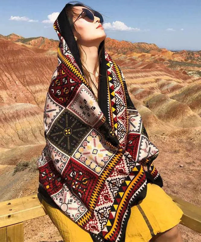 Boho Colorblock Tasseled Print Linen Shawl - Woolova