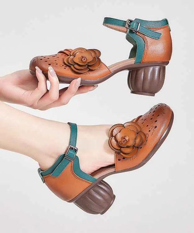 Boho Hollow Out Floral Chunky Heel Buckle Strap Brown Cowhide Leather - Woolova