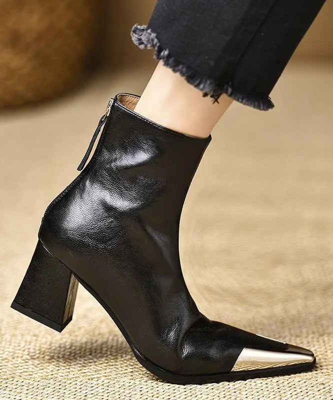 Boutique Black Cowhide Leather Splicing Chunky Boots Pointed Toe - Woolova