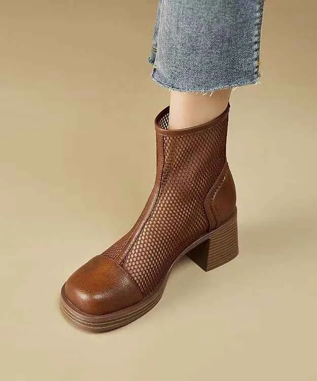 Boutique Brown Hollow Out Chunky Heel Hollow Out Boots Cowhide Leather - Woolova
