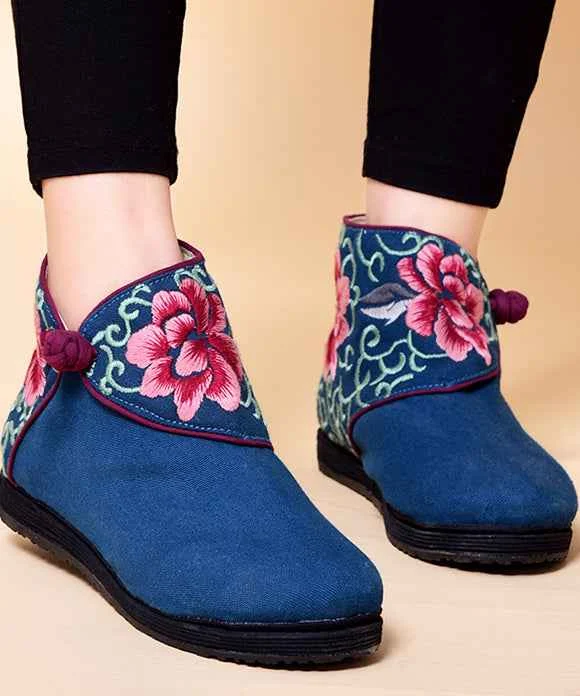 Boutique Buckle Strap Embroideried Comfy Ankle Boots Blue Cotton Fabric - Woolova