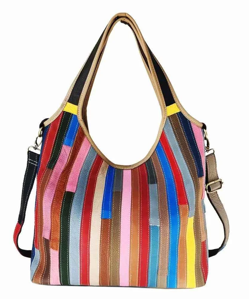 Boutique Striped Colorblock Calf Leather Satchel Bag Handbag - Woolova