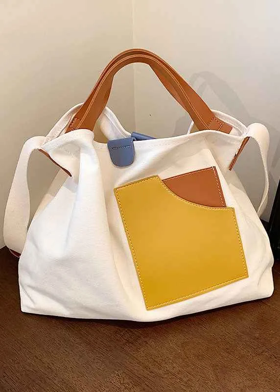 Boutique White Patchwork Canvas Tote Handbag - Woolova