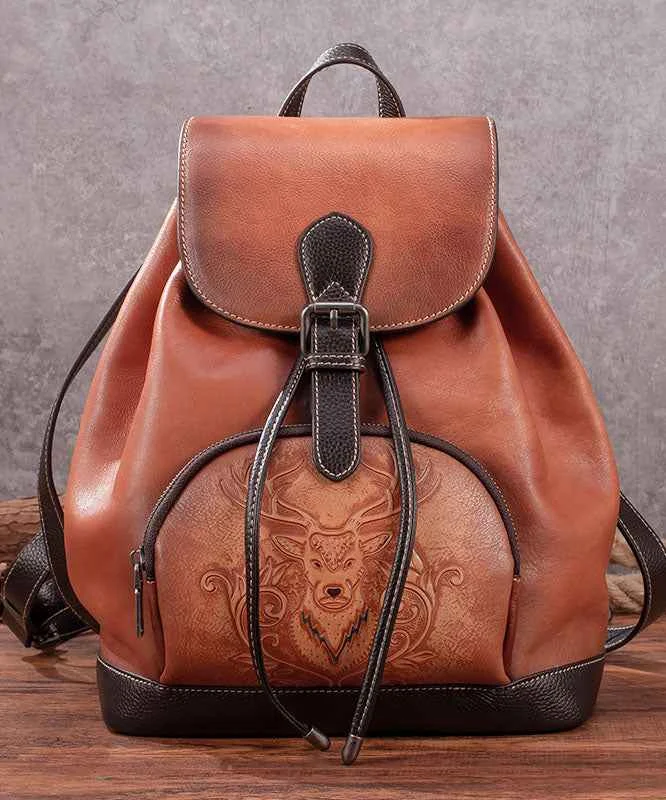 Casual Brown Animal Jacquard Calf Leather Backpack Bag - Woolova