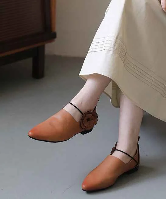 Casual Pointed Toe Flat Shoes For Women Pink Brown Cowhide Leather - Woolova