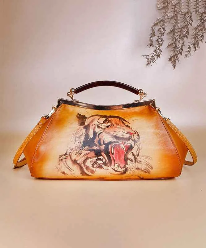 Casual Yellow Print Paitings Calf Leather Tote Handbag - Woolova
