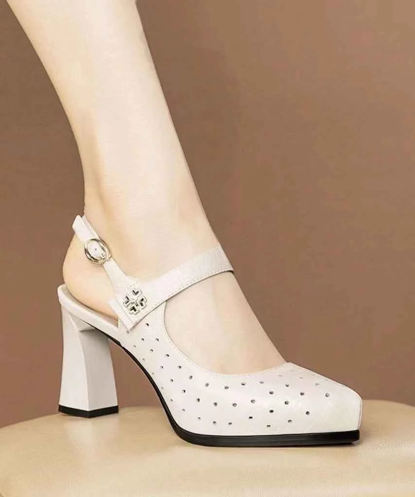 Chic Beige Chunky Heel Cowhide Leather Hollow Out Sandals - Woolova