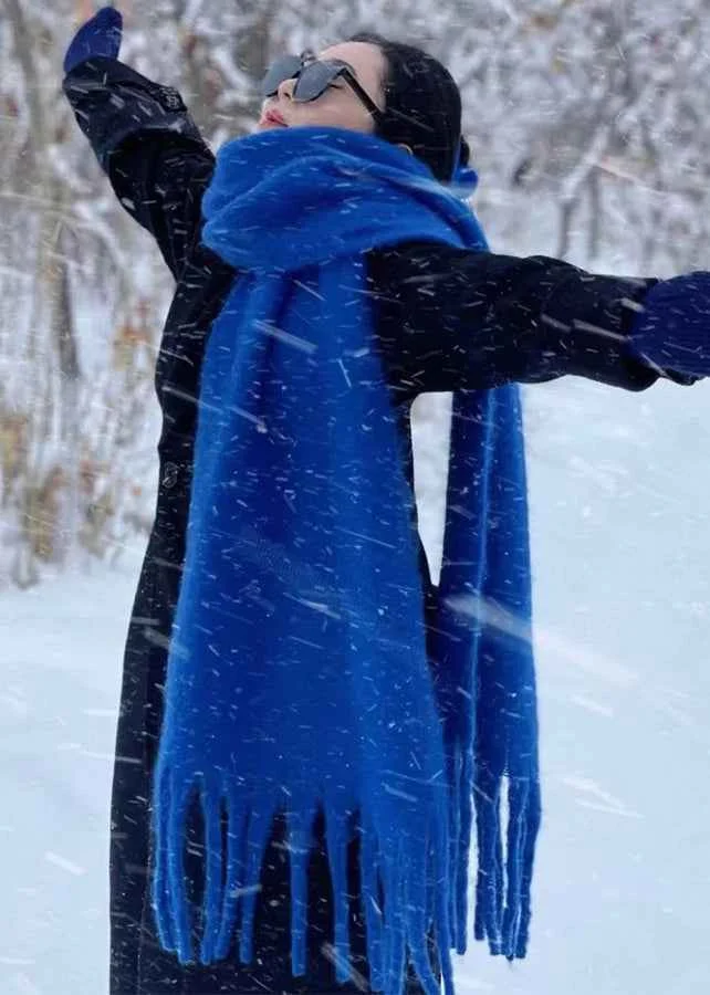 Chic Blue Tasseled Thick Warm Faux Cashmere Shawl - Woolova