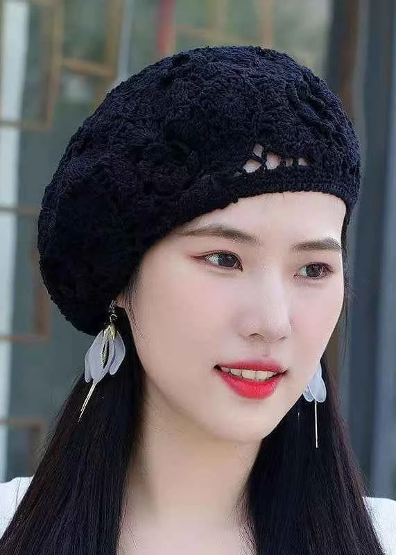 Chic Handmade Black Hollow Out Crochet Floral Knit Beret Hat - Woolova