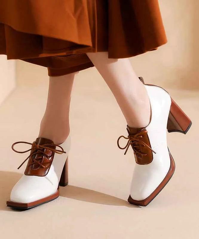 Chic Lace Up Splicing Chunky High Heels Beige Cowhide Leather - Woolova