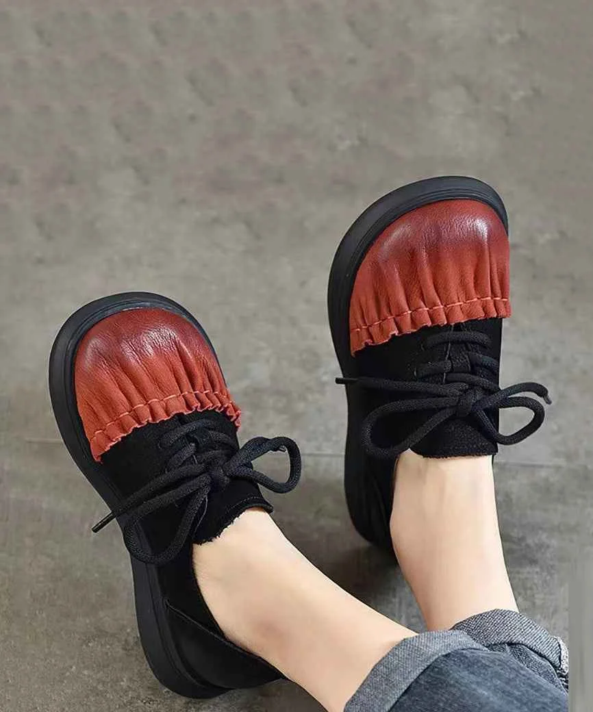 Chic Red Cowhide Leather Wrinkle Splicing Lace Up Flats Shoes - Woolova