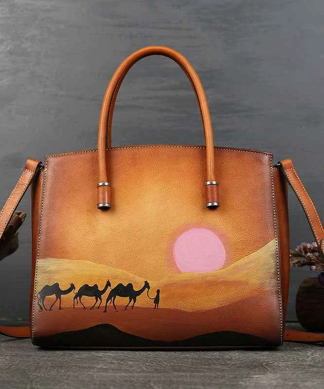 Classy Brown Paitings Calf Leather Tote Handbag - Woolova