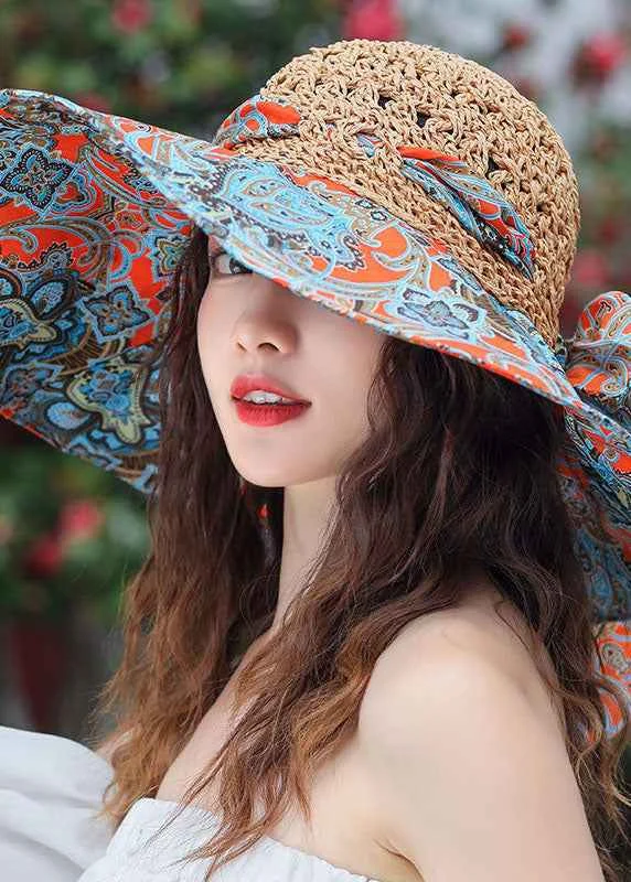 Classy Khaki Bow Print Patchwork Straw Woven Floppy Sun Hat - Woolova