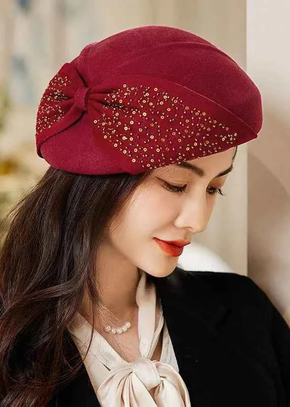 Classy Wine Red Bow Sequins Patchwork Woolen Beret Hat - Woolova