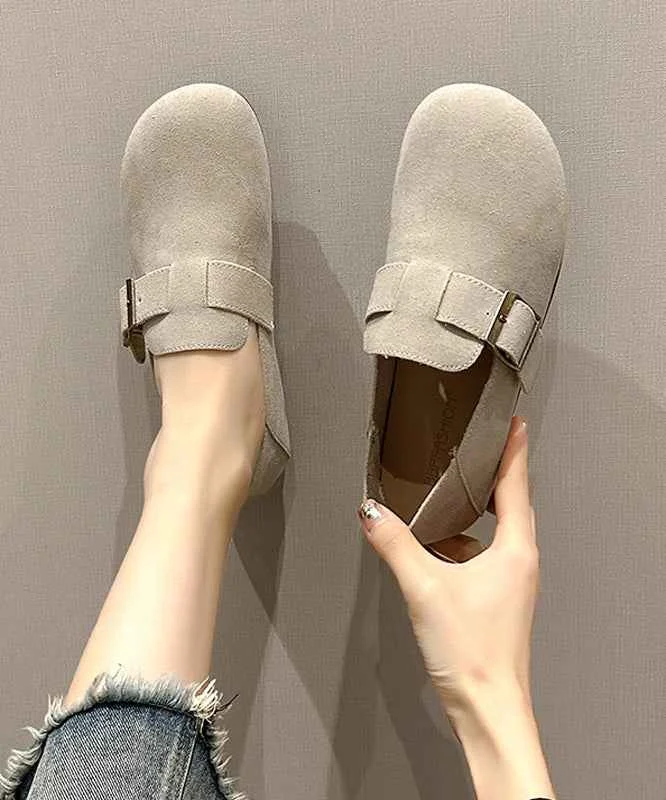 Comfortable Beige Suede Splicing Buckle Strap Flat Shoes - Woolova