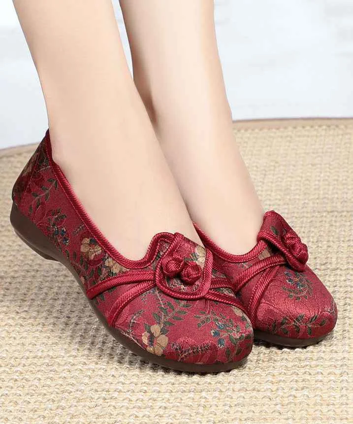 Comfortable Red Splicing Cotton Embroidery Flat Feet Shoes - Woolova