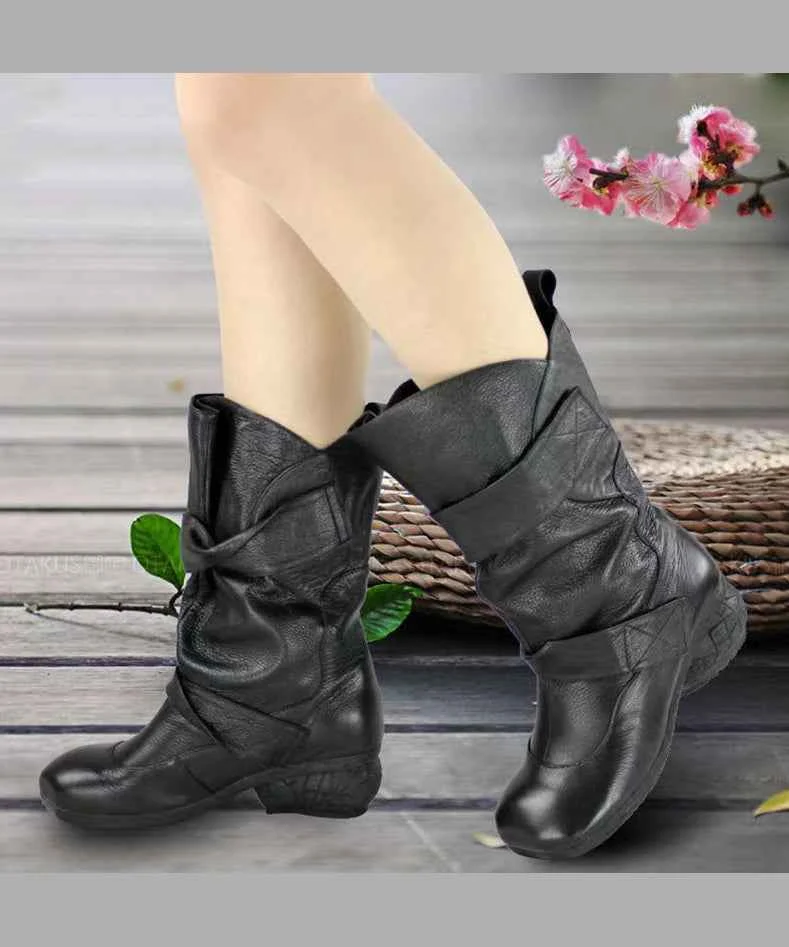 Comfy Cowhide Leather Boots Black Splicing Buckle Strap - Woolova