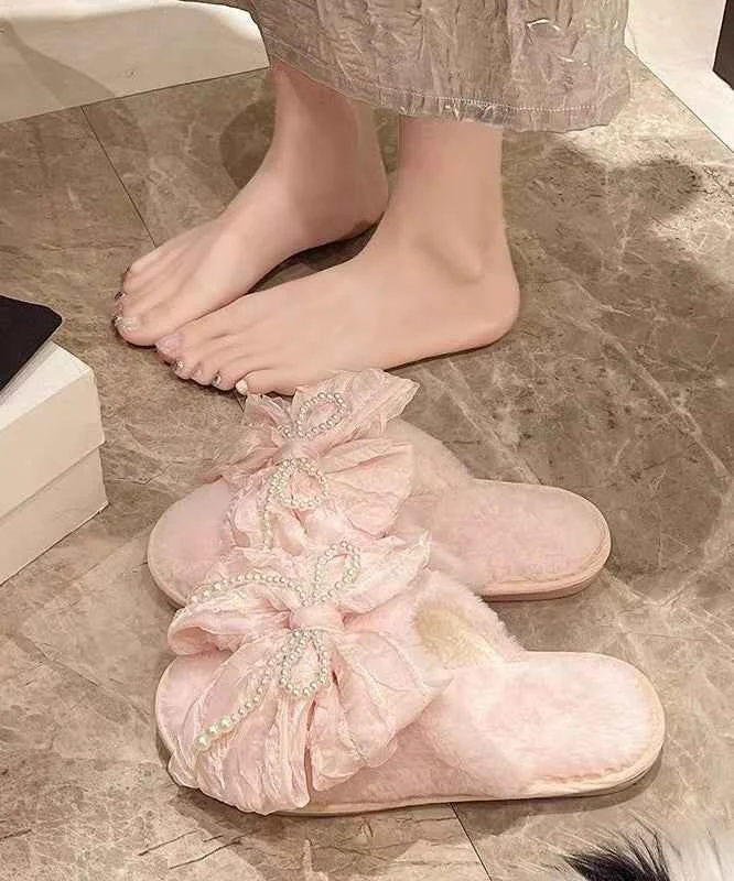 Comfy Faux Fur Splicing Slippers Shoes Pink Bow Nail Bead - Woolova