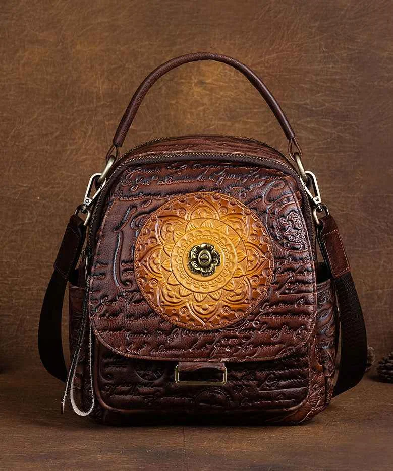 DIY Brown Geometric pattern Paitings Calf Leather Backpack Bag - Woolova