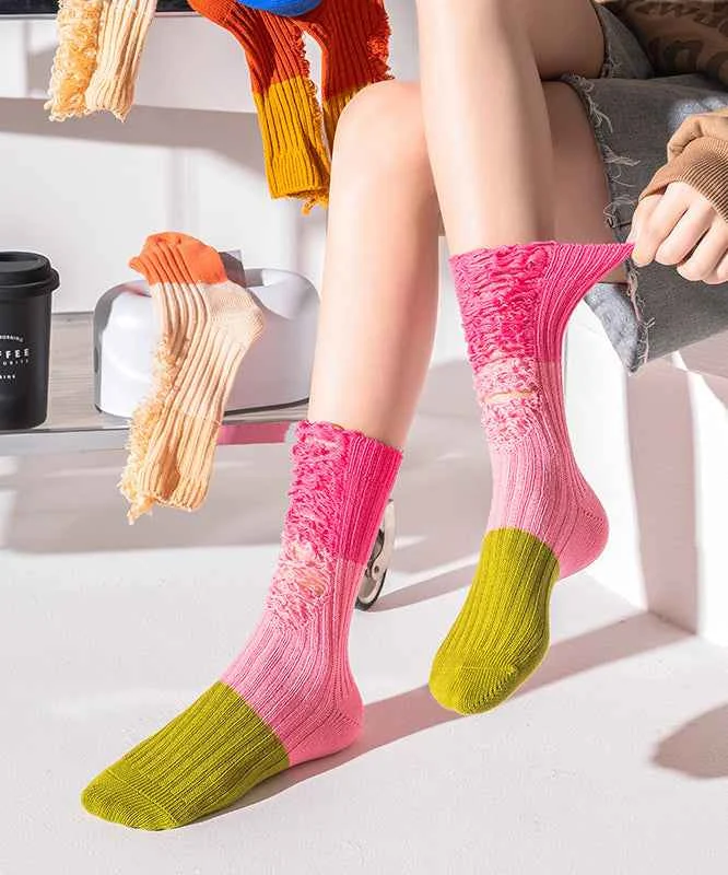 DIY Fashion Pink Ripped Patchwork Cotton Mid Calf Socks - Woolova