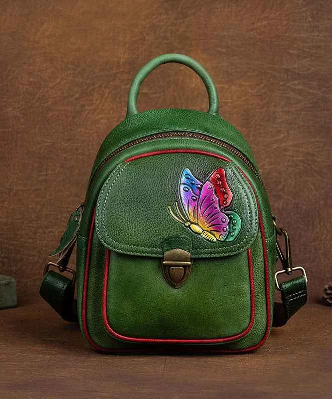 DIY retro Green Versatile Paitings Calf Leather Backpack Bag - Woolova