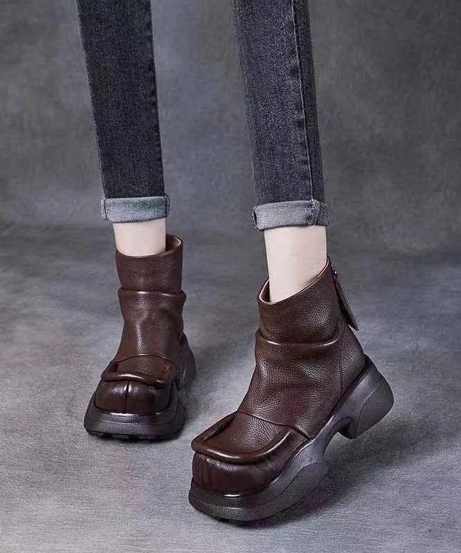 Dark Brown Boots Zippered Retro Splicing Platform Boots - Woolova