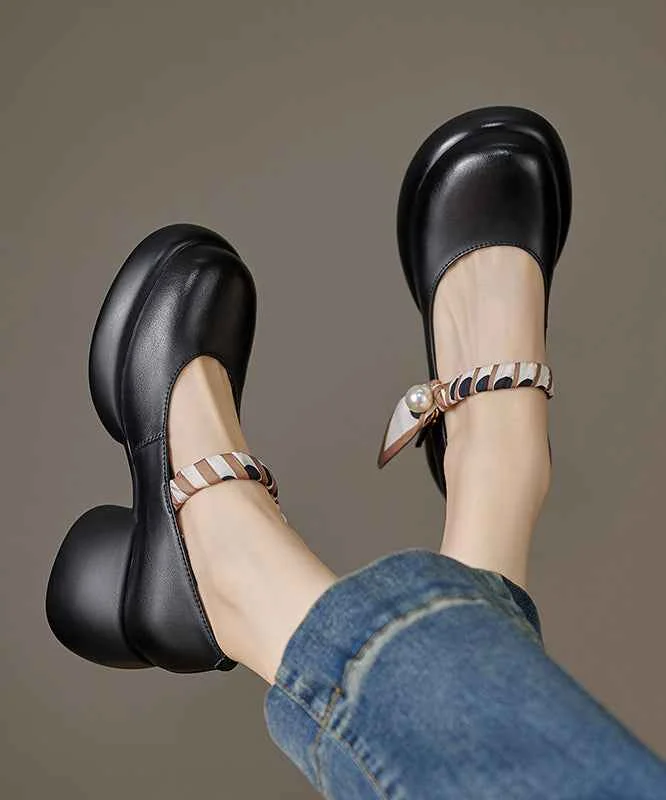 Elegant Black Pearl Splicing Buckle Strap Genuine Leather High Heels - Woolova