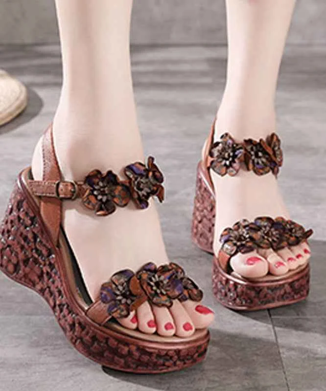 Elegant Buckle Strap Wedge Sandals Brown Cowhide Leather - Woolova