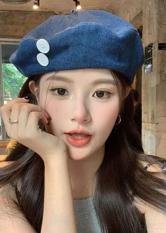 Elegant Denim Navy Patchwork Button Beret Hat - Woolova